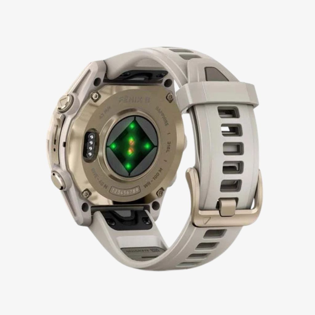 fēnix® 8 – 43 mm AMOLED-Display, Saphirblau, Softgold mit Silikonarmband in Nebelgrau/Dunkelsandstein - Image 5